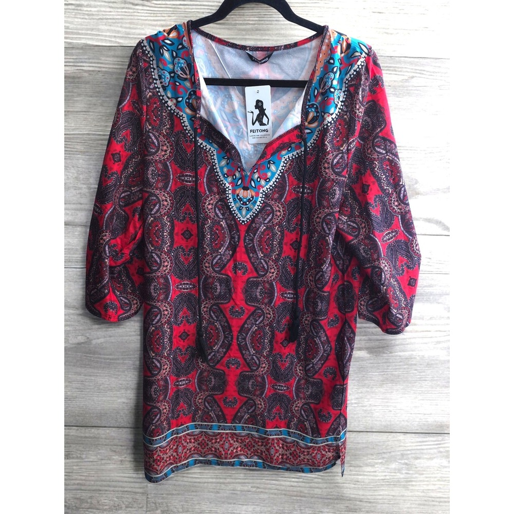 NEW FEITONG Dress PLus Size XL Red Paisley Tassel Boho Ethnic TRibal‎ Festival